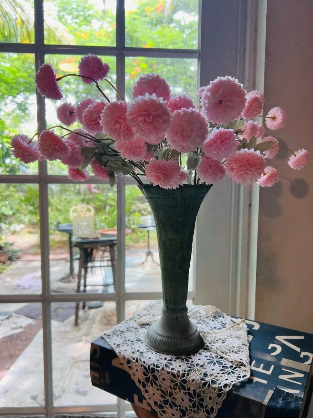 Vintage Pink Pom-Pom Floral Arrangement in Aged Patinated Green “Florists” Vase - Picture 8 of 11